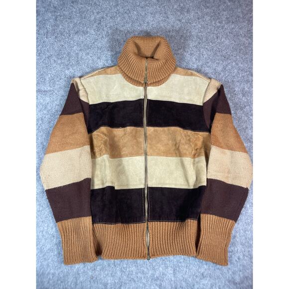 VINTAGE 90s Bomber Jacket Mens Medium Brown Leather Striped Knit Turtleneck Y2K - Picture 1 of 7